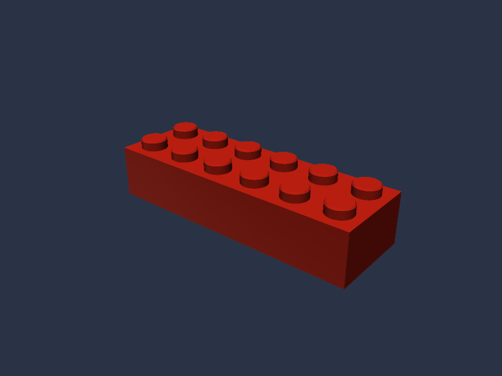 Red rectangular brick with two rows of raised cylindrical studs
